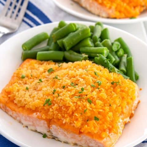 Buffalo Salmon on dinner plate with green beans