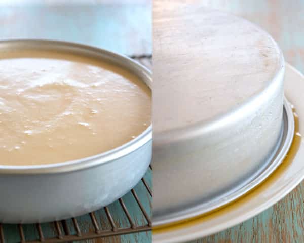 Collage photo of coconut flan being made