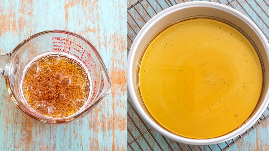 Collage of caramel sauce for flan being prepared