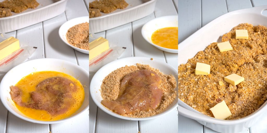 Step-by-step collage photo of breading chicken in egg and cracker crumbs