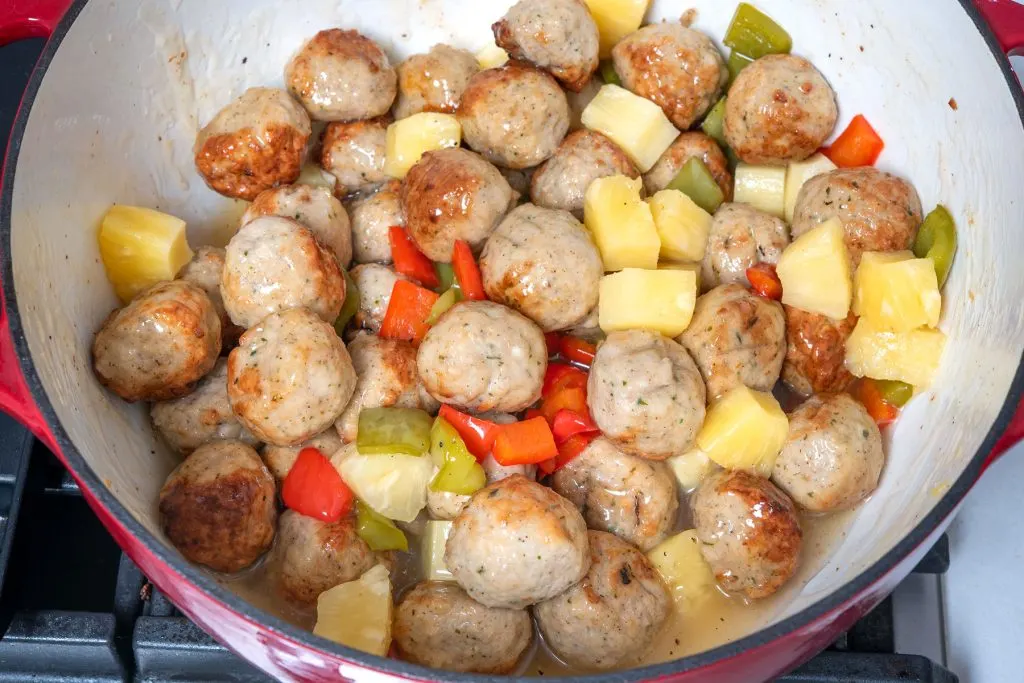 Pot of sweet and sour meatballs