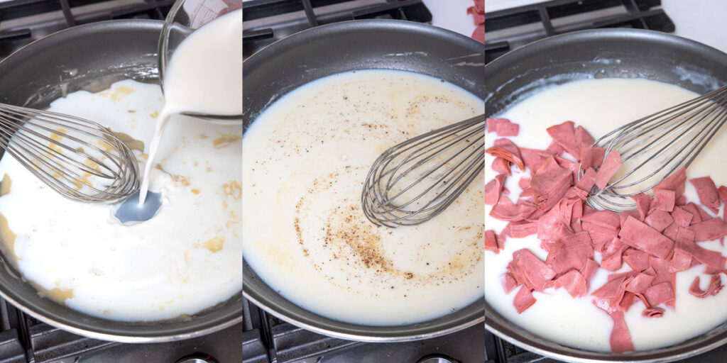 Step by step collage of making creamed chipped beef.
