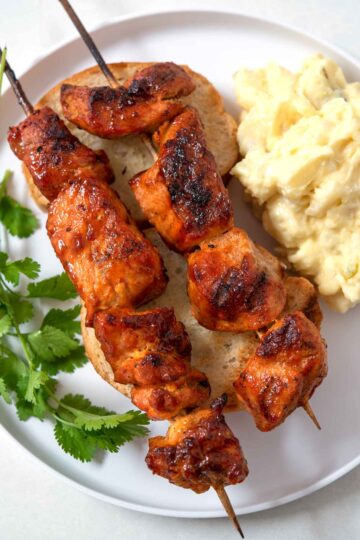 Grilled pork kabobs with potato salad