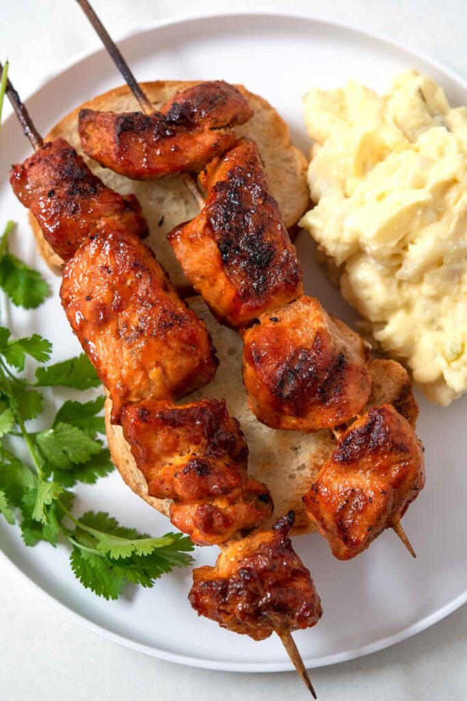 Grilled pork kabobs with potato salad