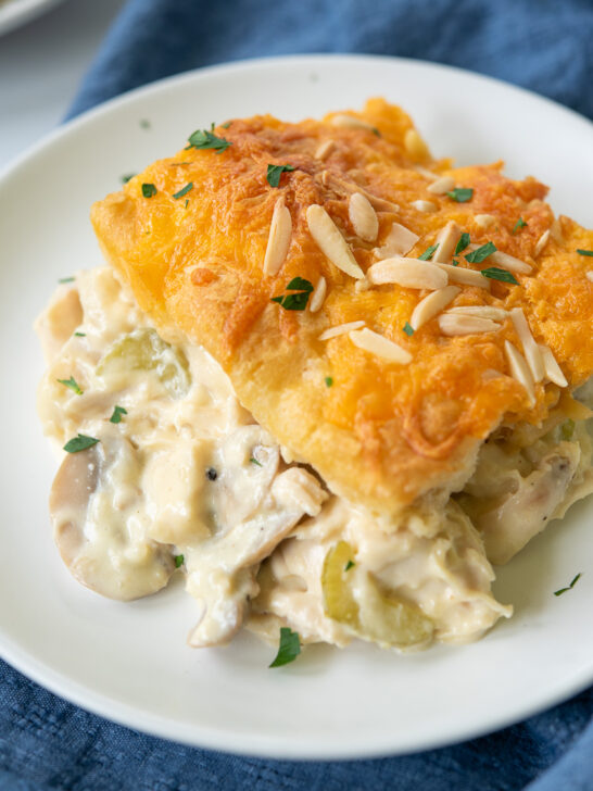 Large serving of chicken pot pie with crescent roll crust