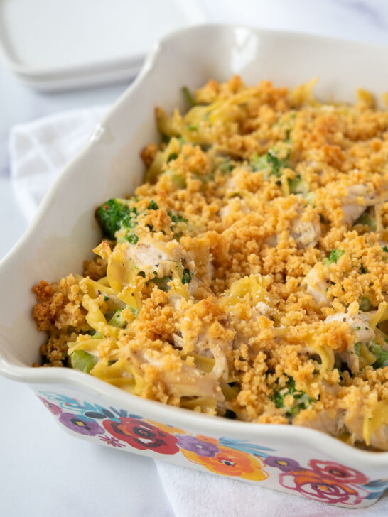chicken casserole in retro baking dish