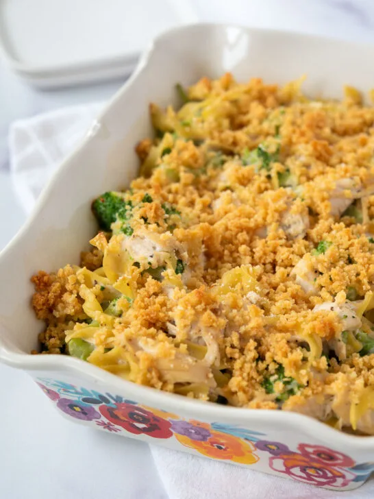 chicken casserole in retro baking dish