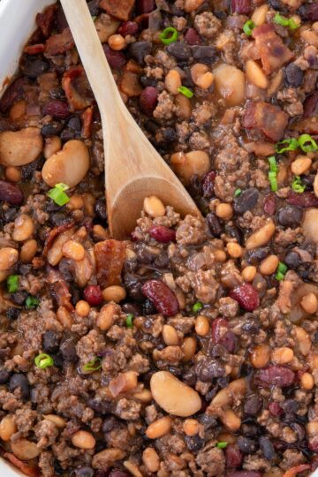 Pan of baked calico beans