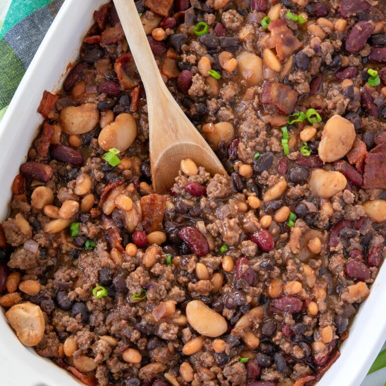 Pan of baked calico beans