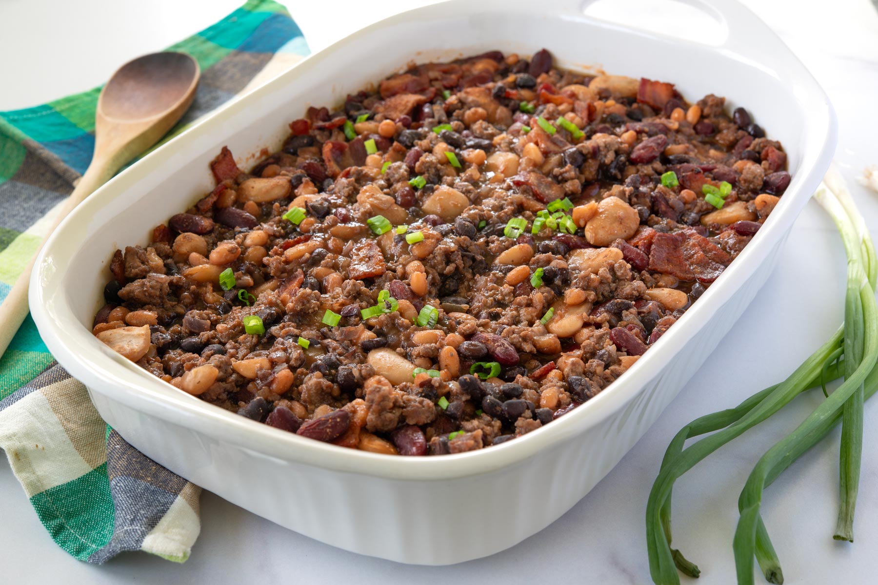Pan of baked calico beans